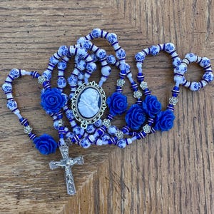 Blue Floral Ceramic Bead Rosary | Handmade Catholic Rosary | Heirloom Mother and Child Cameo | Baptism, Confirmation, or Mother’s Gift