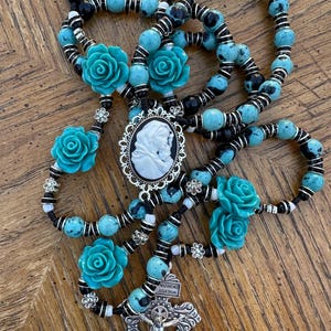 Aqua Blue and Black Jade Rosary | Our Lady and Child Cameo | Aqua Rosary with Rose Beads | Handmade Catholic Gift | Marian Heirloom Rosary