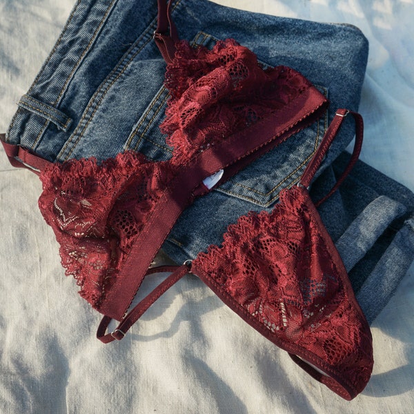 Handmade Burgundy Maroon Classic Lace Lingerie Set. Bralette Lingerie Set