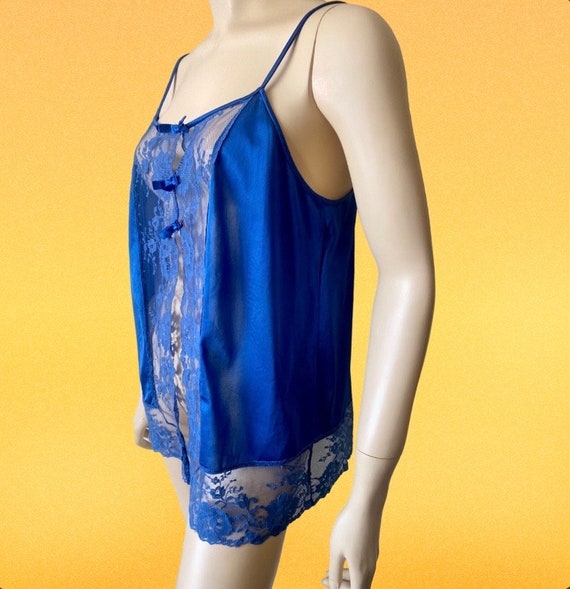 Vintage 80s Blue Nylon and Lace Lingerie Top - image 4