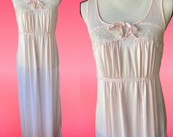 70s 80s Pale Pink Satin Shimmery Maxi Nightgown with Floral Detail and Bow