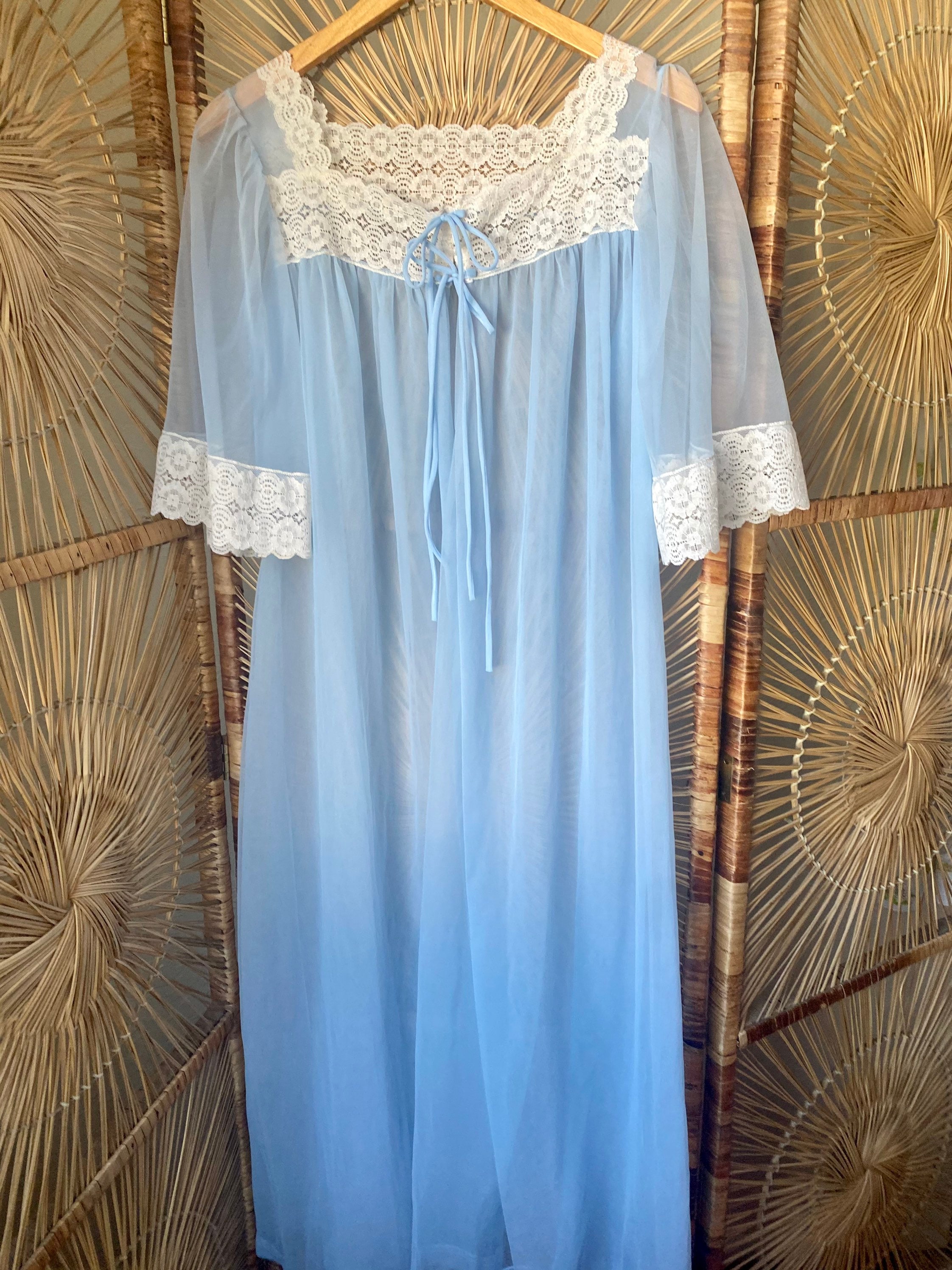 Vintage Baby Blue Chiffon Sheer Nylon Peignoir With Lace Etsy