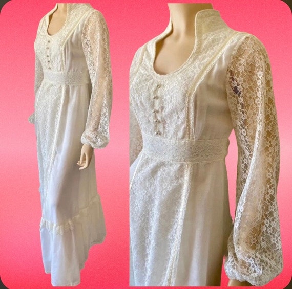 Vintage 1970s White Lace Boho Dress Prairie Bridal - image 3