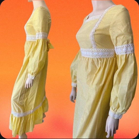 Vintage 1970s Yellow Swiss Dot Prairie Maxi Dress - image 2