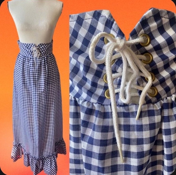 Vintage 1960s 70s Blue And White Gingham Maxi Ski… - image 8