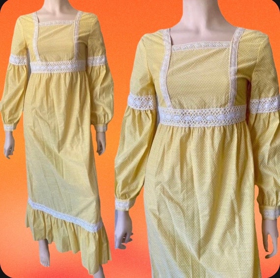 Vintage 1970s Yellow Swiss Dot Prairie Maxi Dress - image 1