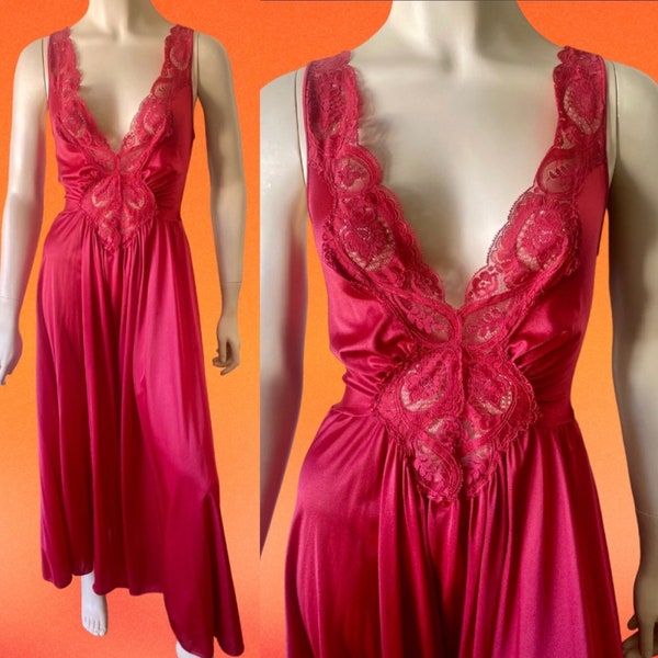 Vintage Olga Burgundy Red Nylon Lace Nightgown Full Sweep