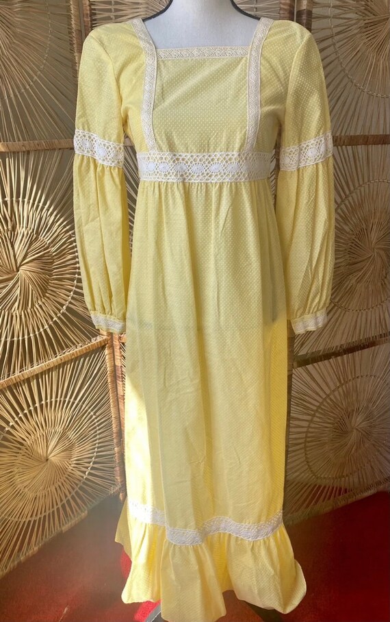 Vintage 1970s Yellow Swiss Dot Prairie Maxi Dress - image 9