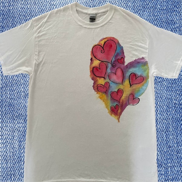 tshirt women- handpainted tshirt - colorful hearts - ladies tshirt  - trendy - casuals - women tops-original hand fabric painted top