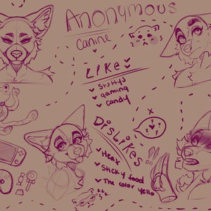 Op de afbeelding: Een digitaal karakterreferentieblad met een hondachtig wezen, meerdere kopschetsen, uitdrukkingen en krabbels. De tekst bevat Anonymous, Canine, Like, Stuffy, gaming, candy, Dislikes, Heat, sticky food en The color yellow.