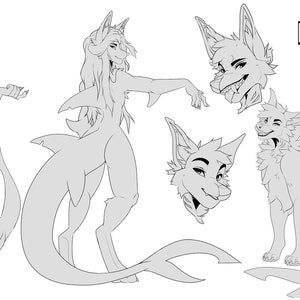 May include: Line art drawing of a shark-like creature with a human-like body and a tail fin. The drawing includes multiple views of the creature, including a full body view, a head shot, and a side view. The text "Name here" is included in the image.