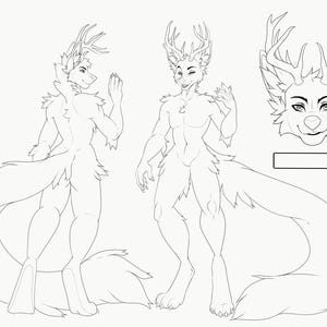 Op de afbeelding: Lijntekening van een harige creatuur met gewei. Het schepsel wordt in twee poses afgebeeld, één staand en één met zijn staart om zijn lichaam gekruld. Het schepsel heeft een lange, harige staart en een paar gewei op zijn hoofd.