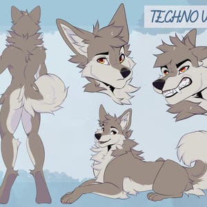 Puede incluir: Una ilustración digital de un personaje de lobo gris llamado "Techno Wolf". La ilustración incluye una vista de cuerpo completo, un primer plano de la cabeza y una vista lateral del lobo. El lobo mide 1,68 m de altura y tiene una expresión amigable.