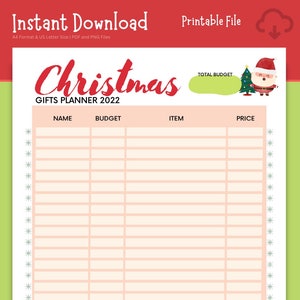 Peut inclure: Planificateur de cadeaux de No&euml;l imprimable avec une illustration de P&egrave;re No&euml;l rouge et blanc. Le planificateur comporte des colonnes pour le nom, le budget, l'article et le prix. Le planificateur est intitul&eacute; "Christmas Gifts Planner 2022".