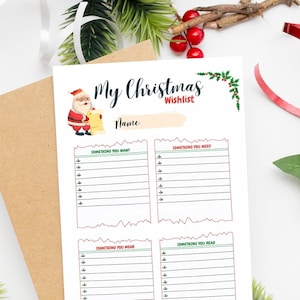 Peut inclure: Une liste de souhaits de Noël imprimable avec une illustration de Père Noël en dessin animé. La liste de souhaits est divisée en quatre sections pour écrire des idées de cadeaux. Le texte sur la page indique "Ma liste de souhaits de Noël".