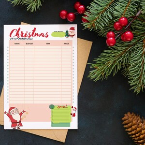 Peut inclure: Un planificateur de cadeaux de No&euml;l imprimable avec un th&egrave;me de couleurs rouge et vert festif. Le planificateur comprend des sections pour le nom, le budget, l'article et le prix. Il comprend &eacute;galement une section pour les souhaits sp&eacute;ciaux.
