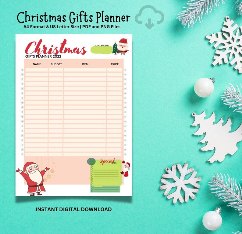 Peut inclure: Un planificateur de cadeaux de No&euml;l imprimable avec un fond rose et une illustration de P&egrave;re No&euml;l. Le planificateur comporte des colonnes pour le nom, le budget, l'article et le prix. Il y a aussi une section pour des notes sp&eacute;ciales.