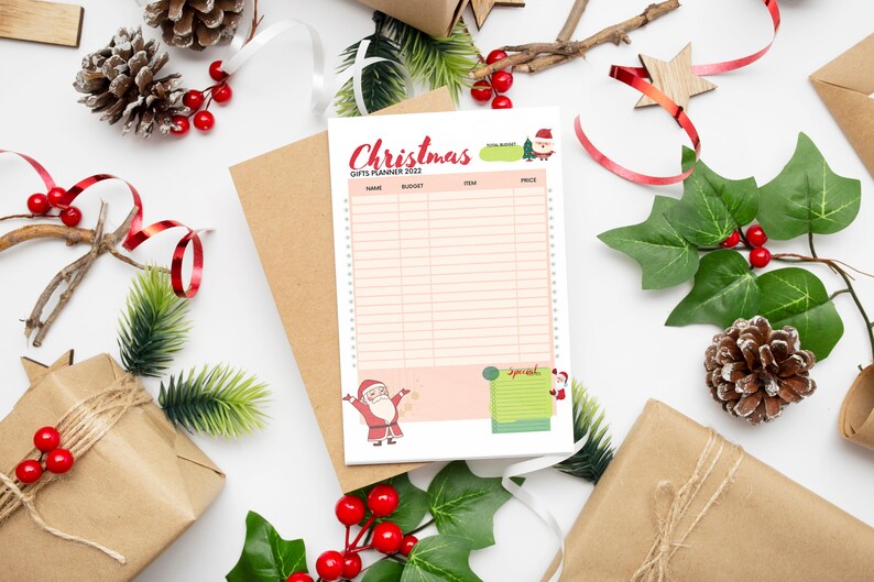 Peut inclure: Un planificateur de cadeaux de No&euml;l imprimable avec une illustration festive de P&egrave;re No&euml;l rouge et blanc. Le planificateur comporte des colonnes pour le nom, le budget, l'article et le prix.