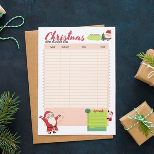 Peut inclure: Un planificateur de cadeaux de No&euml;l imprimable avec un th&egrave;me de couleurs rouge et vert festif. Le planificateur comprend des sections pour le nom, le budget, l'article et le prix. Il y a aussi des illustrations du P&egrave;re No&euml;l et d'un sapin de No&euml;l.