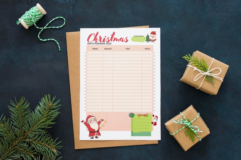 Peut inclure: Un planificateur de cadeaux de No&euml;l imprimable avec un th&egrave;me de couleurs rouge et vert festif. Le planificateur comprend des sections pour le nom, le budget, l'article et le prix. Il y a aussi des illustrations du P&egrave;re No&euml;l et d'un sapin de No&euml;l.