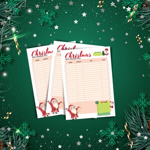 Peut inclure: Trois pages de planificateur de cadeaux de No&euml;l imprimables avec une illustration festive de P&egrave;re No&euml;l rouge et blanc. Chaque page comporte une section pour le nom, le budget, l'article et le prix. Les pages sont intitul&eacute;es "Christmas Gifts Planner 2022".