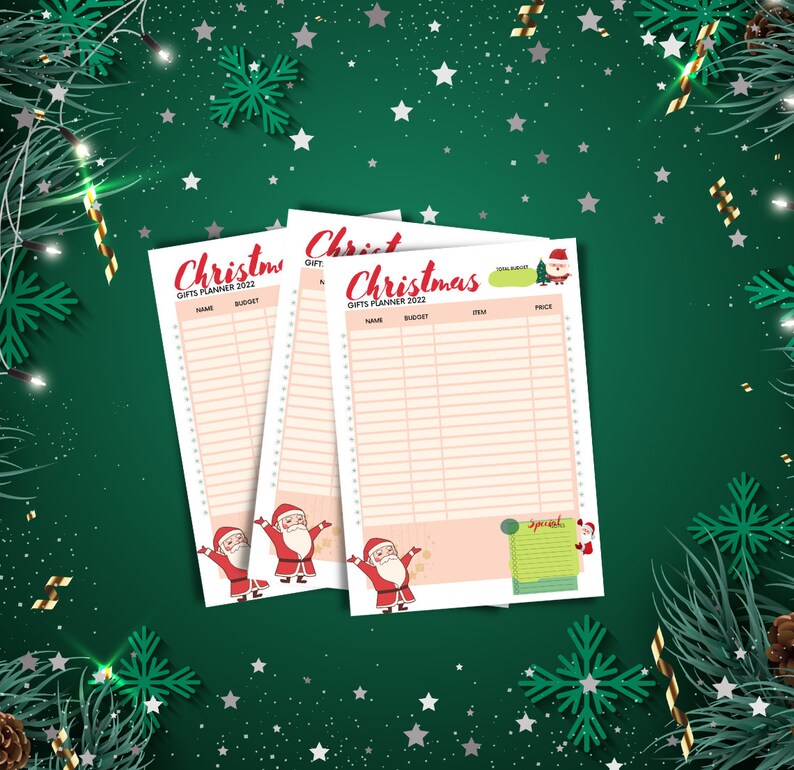 Peut inclure: Trois pages de planificateur de cadeaux de No&euml;l imprimables avec une illustration festive de P&egrave;re No&euml;l rouge et blanc. Chaque page comporte une section pour le nom, le budget, l'article et le prix. Les pages sont intitul&eacute;es "Christmas Gifts Planner 2022".