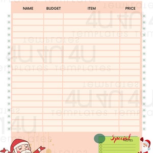 Peut inclure: Un planificateur de cadeaux de No&euml;l imprimable avec un fond rose et une illustration de P&egrave;re No&euml;l. Le planificateur comporte des colonnes pour le nom, le budget, l'article et le prix. Il y a une section pour des notes sp&eacute;ciales.