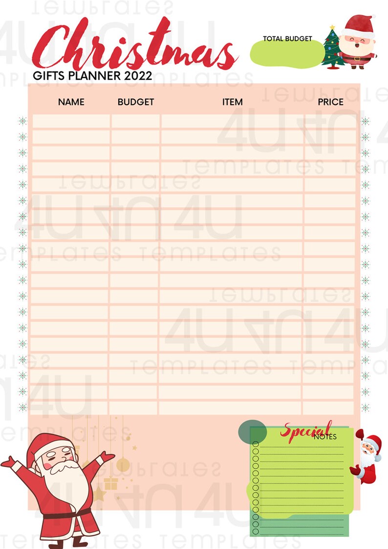 Peut inclure: Un planificateur de cadeaux de No&euml;l imprimable avec un fond rose et une illustration de P&egrave;re No&euml;l. Le planificateur comporte des colonnes pour le nom, le budget, l'article et le prix. Il y a une section pour des notes sp&eacute;ciales.