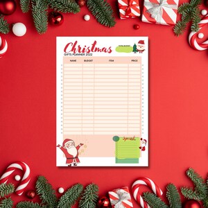 Peut inclure: Un planificateur de cadeaux de No&euml;l imprimable avec un fond rouge et un design festif. Le planificateur comprend des sections pour le nom, le budget, l'article et le prix. Il comprend &eacute;galement une section sp&eacute;ciale pour les notes.