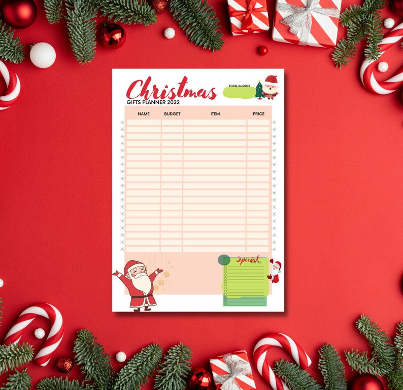 Peut inclure: Un planificateur de cadeaux de No&euml;l imprimable avec un fond rouge et un design festif. Le planificateur comprend des sections pour le nom, le budget, l'article et le prix. Il comprend &eacute;galement une section sp&eacute;ciale pour les notes.