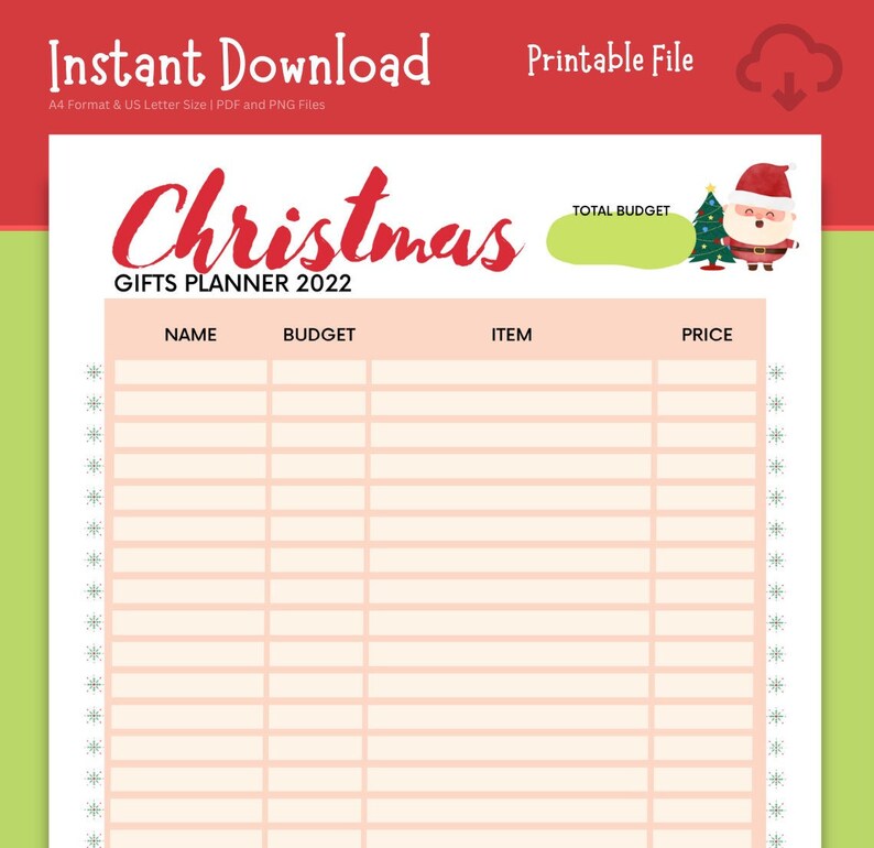 Peut inclure: Planificateur de cadeaux de No&euml;l imprimable avec une illustration de P&egrave;re No&euml;l rouge et blanc. Le planificateur comporte des colonnes pour le nom, le budget, l'article et le prix. Le planificateur est intitul&eacute; "Christmas Gifts Planner 2022".