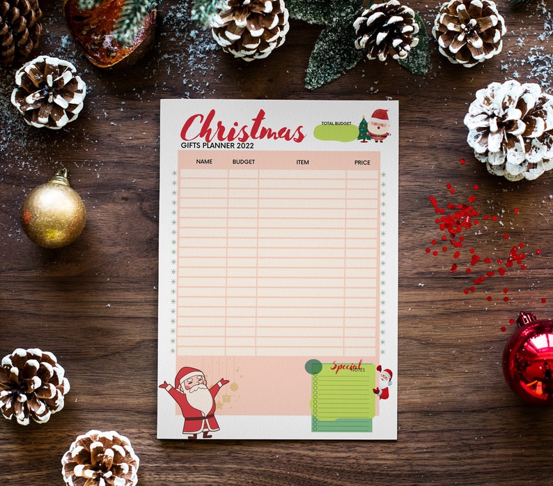 Peut inclure: Un planificateur de cadeaux de No&euml;l imprimable avec un fond rose et blanc. Le planificateur comporte des colonnes pour le nom, le budget, l'article et le prix. Il y a des illustrations du P&egrave;re No&euml;l et d'un sapin de No&euml;l.