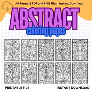 Peut inclure: Ensemble de huit pages à colorier abstraites imprimables en noir et blanc. Les pages présentent des motifs et des dessins géométriques complexes. Format A4 | Fichiers PDF et PNG | Téléchargement instantané