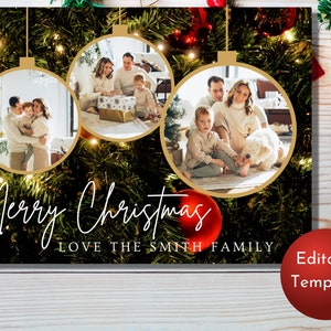 Cartão de Natal editável com modelo de foto | Cartão de enfeite de árvore de Natal feliz | Modelo de cartão de Natal para impressão | Download digital