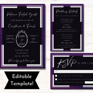 Editable Haunted Wedding Invitation, Gothic Purple Halloween Wedding Printable Template, Matching Details and RSVP Cards, Digital Download