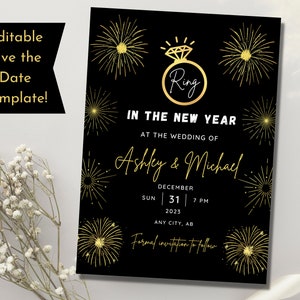 Editável para casamento na véspera de ano novo, salve a data, modelo de convite para impressão do anel no ano novo, NYE Gold Fireworks, download digital