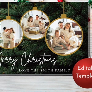 Editable Holiday Card with Photo Template | Merry Christmas Tree Ornament Card | Christmas Card Printable Template | Digital Download