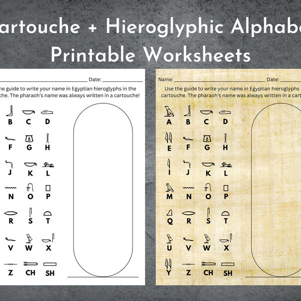 Altes ägyptisches Hieroglyphen-Alphabet Kartusche druckbares Arbeitsblatt | Altes Ägypten Schullehrer Papyrus Arbeitsblatt | Digitaler Download