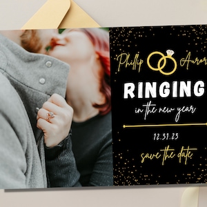 Foto editável de casamento de véspera de ano novo, salve a data, modelo de convite para impressão de anel de ano novo, confete dourado NYE, download digital