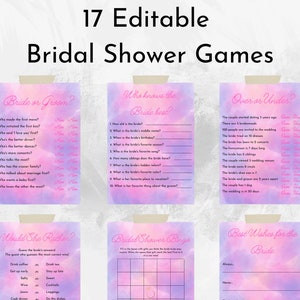 Juegos de despedida de soltera de amante editables / Ducha de novia rosa púrpura pastel cielo / 17 juegos + plantilla imprimible de tarjeta de receta / Descarga digital