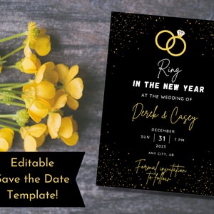 Editável para casamento na véspera de ano novo, salve a data, convite NYE Gold Confetti, anel no modelo de convite para impressão de ano novo, download digital
