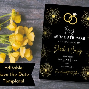 Editável para casamento na véspera de ano novo, salve a data, convite moderno NYE Gold, modelo de convite para impressão de anel no ano novo, download digital