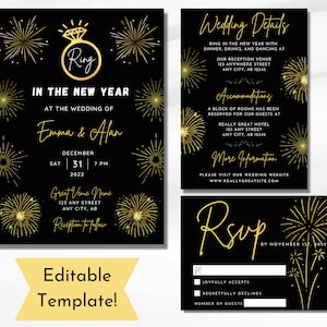 Convite editável do casamento da véspera de Ano Novo | Fogos de artifício de ouro | Modelo para impressão de anel de ano novo | Detalhes + RSVP | Download Digital