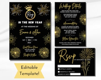 Editable New Years Eve Wedding Invitation | Gold Fireworks | Ring in the New Year Printable Template | Details + RSVP | Digital Download