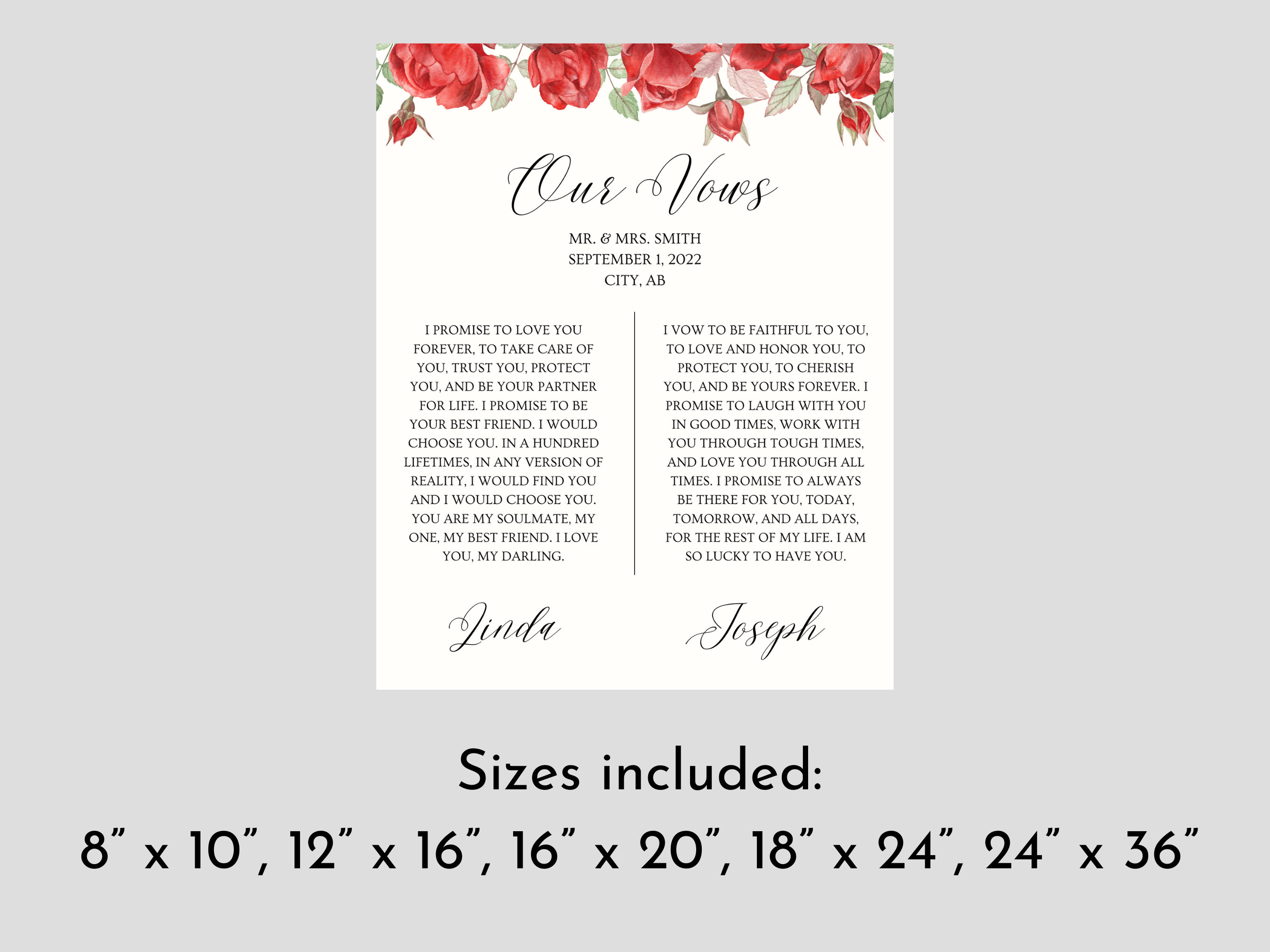 His and Hers Wedding Vows Red Rose Wall Art Editable Etsy