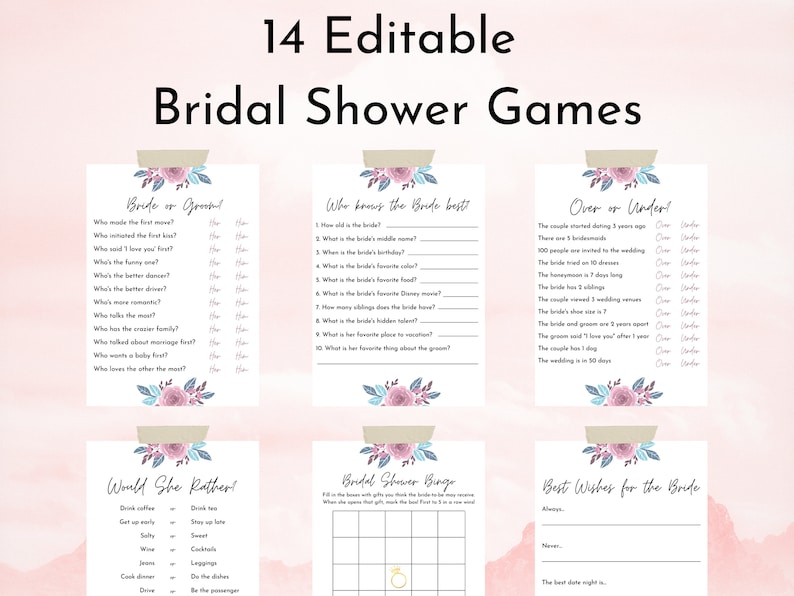 Editable Bridal Shower Games Pink Blue Tea Party Simple Floral Games 14 ...
