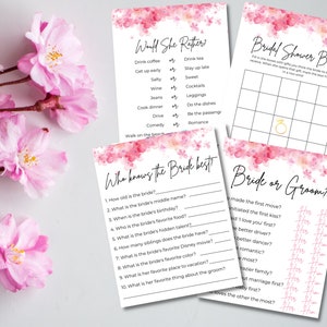 Editable Bridal Shower Games | Pink Cherry Blossom Floral Bridal Shower ...