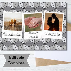 Editable Save the Date | Gray Chevron Geometric Modern Art Deco Design | 3 Photos | Fairytale Wedding Template | Digital Download