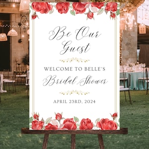 Editable Red Rose Bridal Shower Welcome Sign, DIY Beauty and the Beast Fairytale Wedding Welcome Sign, Printable Template, Digital Download