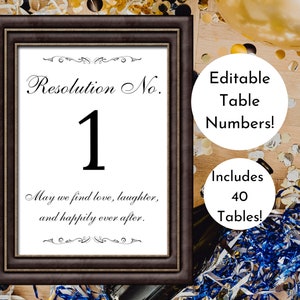 Bearbeitbare NYE Tischnummern | Silvester Hochzeit Printable | Auflösung Tischnummern | Ring in der Neujahrsparty | Digitaler Download